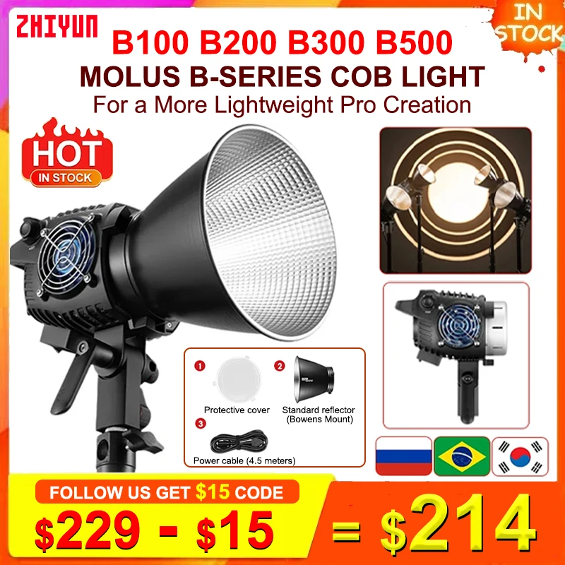 ZHIYUN MOLUS 비디오 조명, 블루투스 제어, 사진 조명, B100, B200, B300, B500, 2 색 COB 라이트