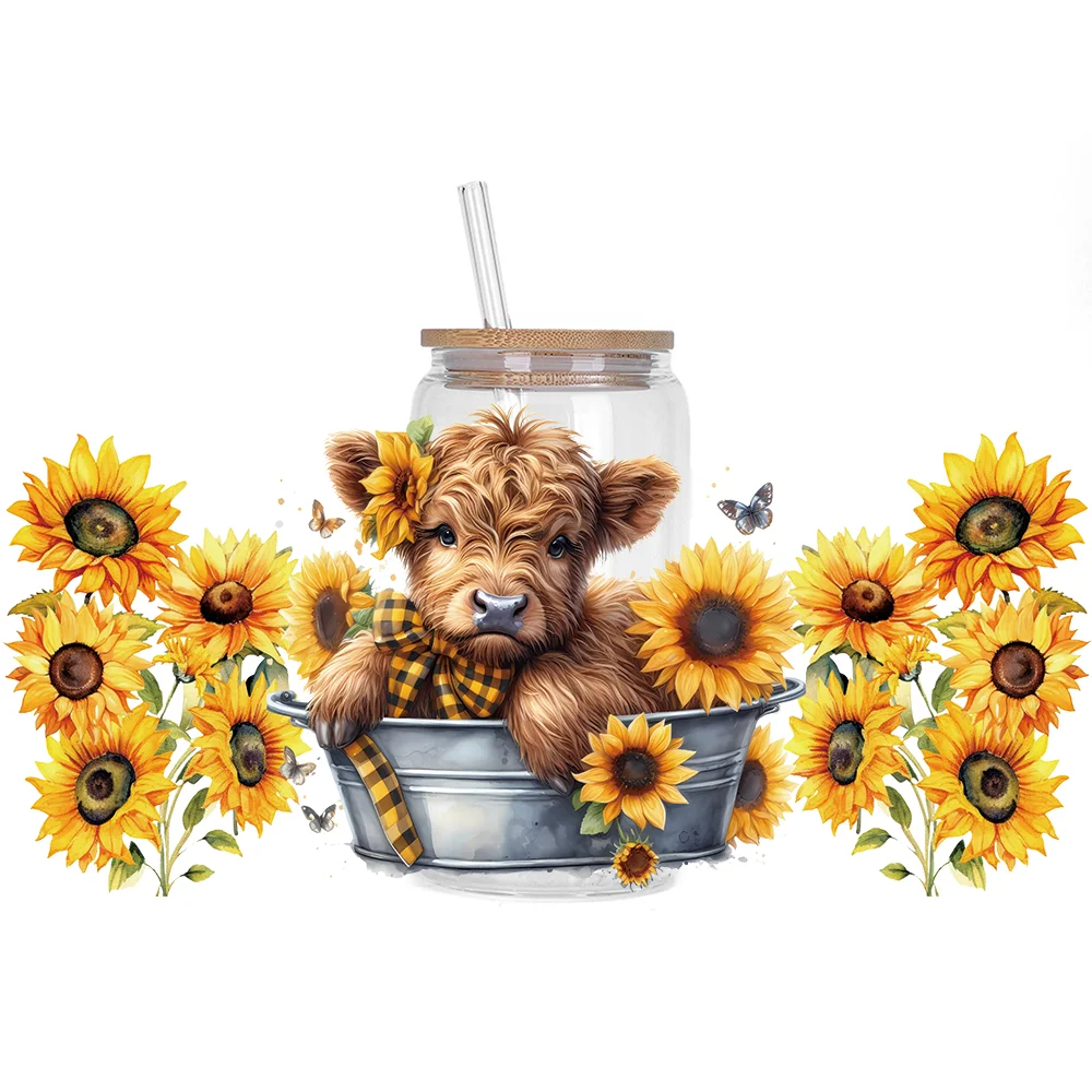 Highland cattle series Easy peel waterproof DIY Decals 3D transfers uvdtf crystal stickers 16oz uv dtf cup wraps for Glasses