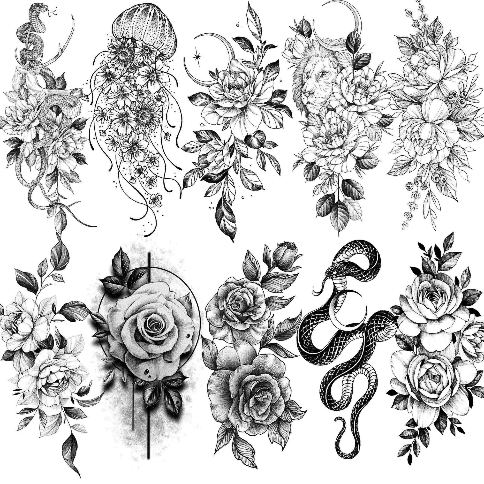 

10 Sheets Realistic Flower Temporary Tattoos For Women Arm Fake Jellyfish Tattoo Black 3D Peony Rose Snake Tatoos Long Lasting