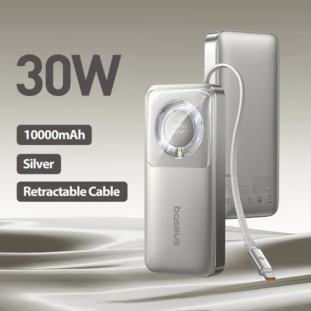 Baseus 65W Power Bank 20000mah Fast Charging with Built-in Retractable Type-C Cable for Laptops iPhone 16 15 Pro Max 9