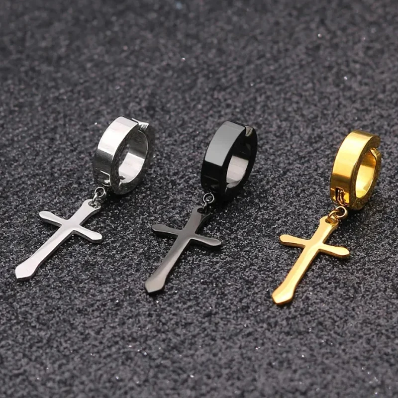 Stainless Steel Clip On Earrings 2 Pcs For Women Men Black Gold Color Cross Gothic Punk Rock Drop Pendiente Non Piercing Jewelry ear clip earrings clip earrings ear clip
