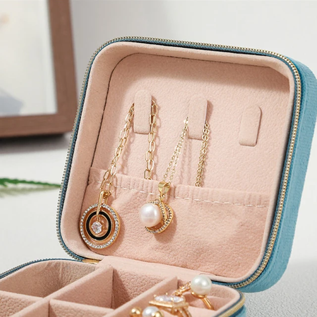 85463-896d3b.jpg Boîte à bijoux en velours pour femmes, organiseur de voyage portable avec fermeture éclair, étui de rangement carré pour collier, bague, boucles d'oreilles