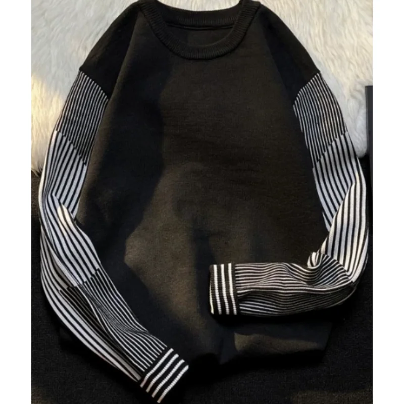 Men's Round Neck Knitted Sweater 2024 Spring New Korean Striped Patchwork Pullover Sweater Loose Handsome Men Clothing D0021
