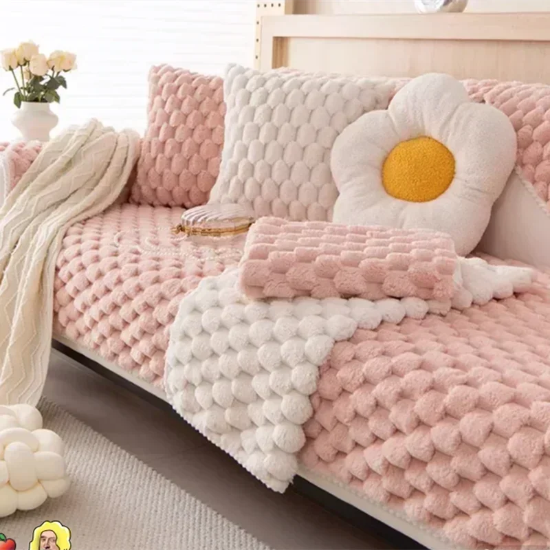 Pink Honeycomb Shape Thicken Sofa Towel Winter Plush L Corner Universal Sofa Cover Soft  Non-slip Couch Cushion Living Room  Mat 2