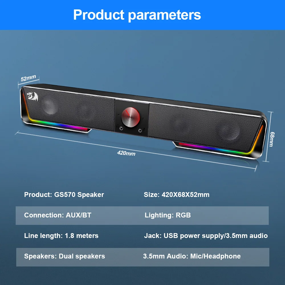 REDRAGON GS570 Darknets RGB 스피커 지원 Bluetooth 무선 aux 3.5 컴퓨터 PC 용 서라운드 컬럼 사운드 바 스피커