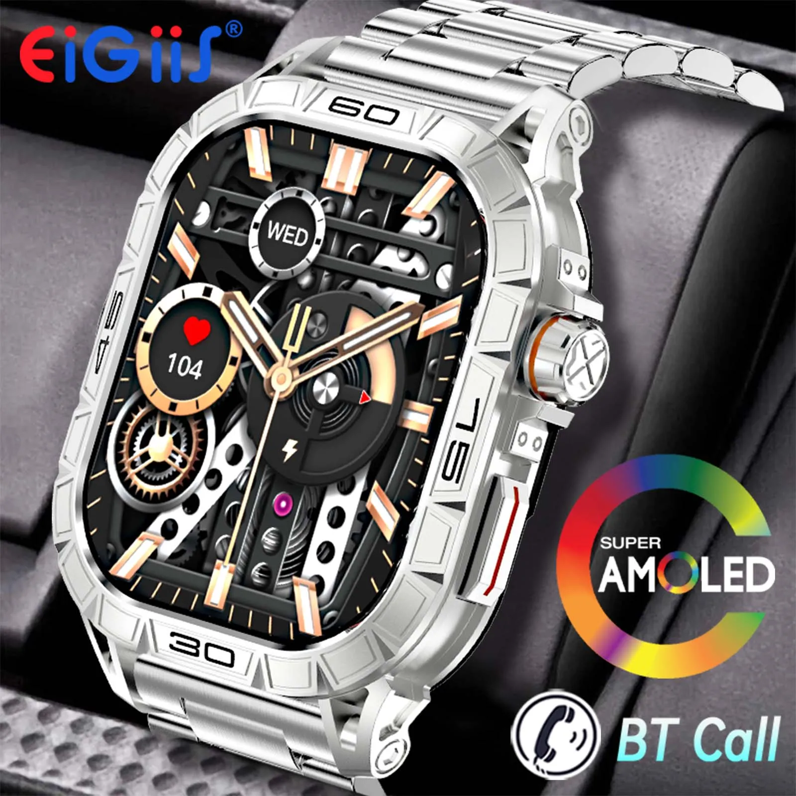 

EIGIIS Smart Watch AMOLED Display 100+ Sport Mode With Compass IP68 Waterproof Bluetooth Call Heart Rate Blood Pressure Men K63