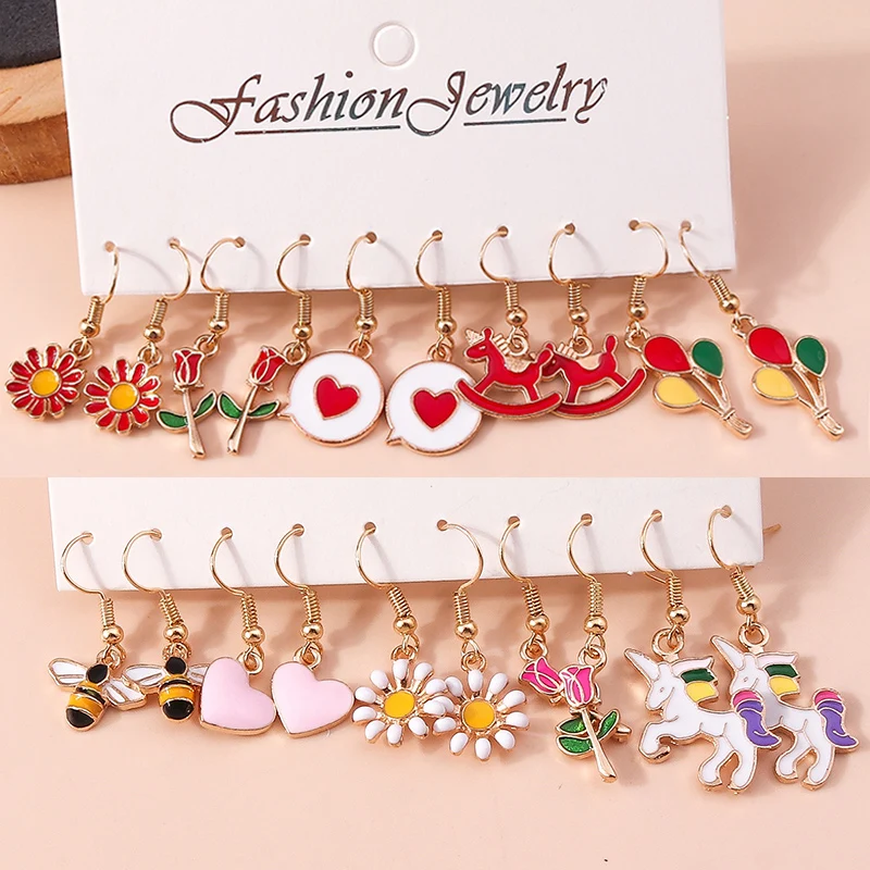 KawaiiDangleEarringsSetsLovelyEnamelGirlsDaisyHeartFlowerBee
