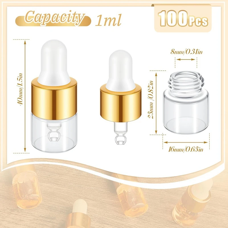100Pcs Mini Glass Dropper Bottle Bulk Clear Essential Oil Dropper Bottles Small Glass Dropping Sample Containers 1 Ml 6