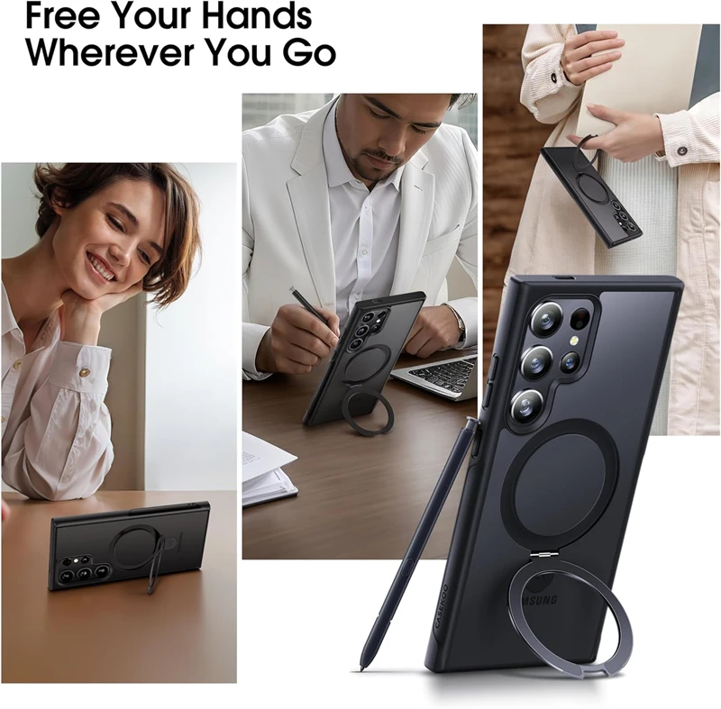 Metal Ring Stand Matte Magnetic Case with Lens Protector