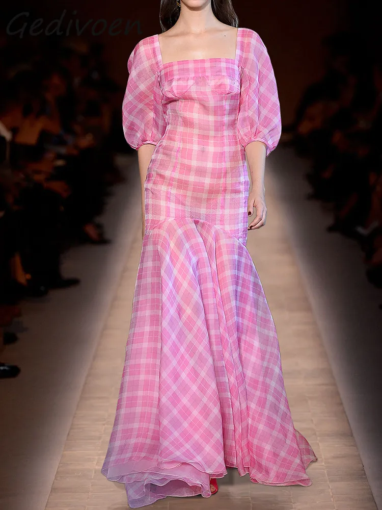 

Gedivoen Fashion Designer Summer Vintage Slim Dress Women's Square Collar Ruffles Holiday Party Pink Plaid Fishtail Long Dress