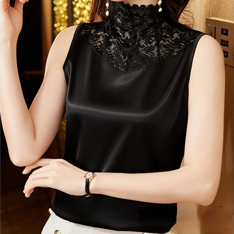 

Элегантные рубашки без рукавов, модная женская кружевная атласная блузка с высоким воротником, повседневный свободный ажурный сексуальный топ, жилет, шелковые блузы 26087