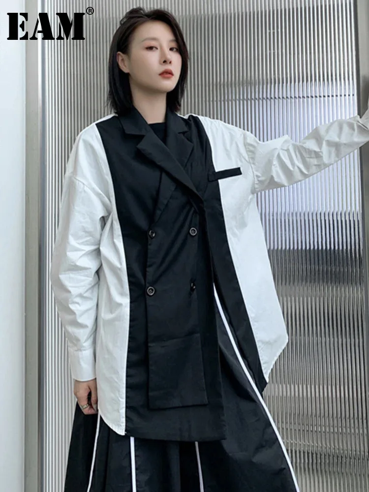 

[EAM] Women Color-black Big Size Irregular Blouse New Lapel Long Sleeve Loose Fit Shirt Fashion Tide Spring Autumn 2024 1DE3320