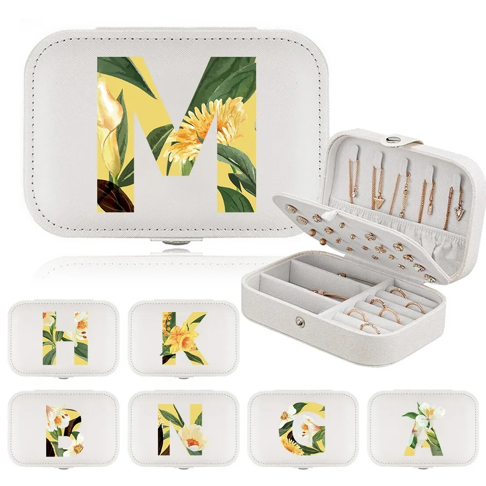 

Jewelry Box Earrings Storage Bag Desktop Drawer Necklace Ring Holder PU Leather Organizer Display Flower and Green Letters Theme