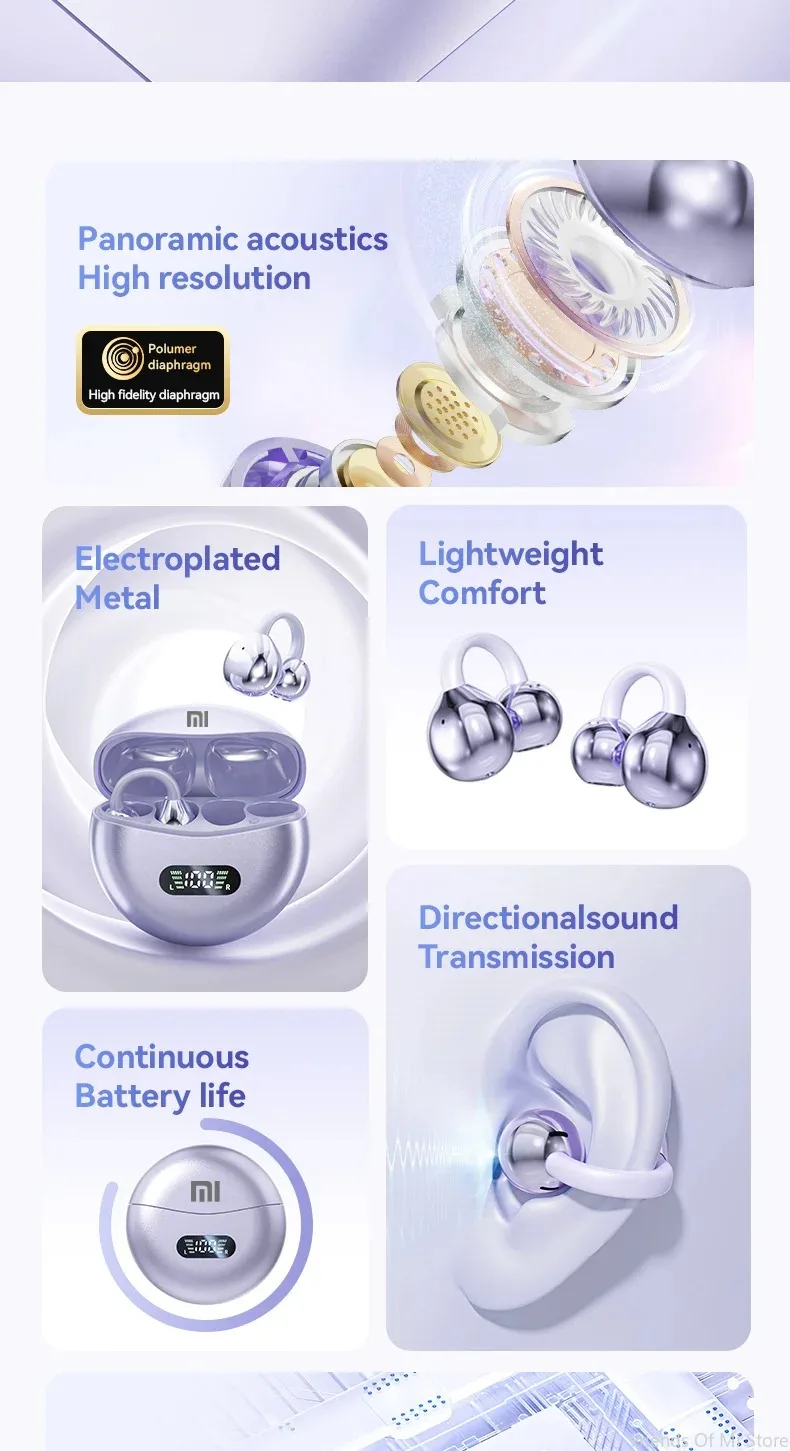 Xiaomi Bone Conduction Earphones Bluetooth 5.4 Earbuds Clip on Ear Comfortable Waterproof Sport Headsets With Digital Display