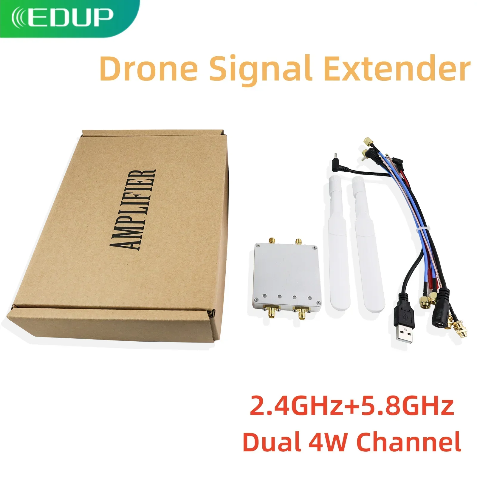Vue de face de l'amplificateur de signal WiFi 2.4GHz 5.8GHz, connecté à une prise électrique, prêt à l'emploi.