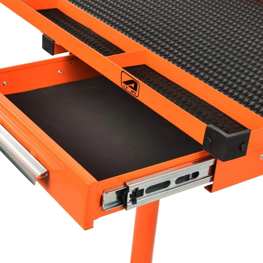 A018A Heavy-Duty Adjustable Work Table with Drawer & Wheels, Mechanic Tray,Mobile Rolling Tool Table, Orange 3