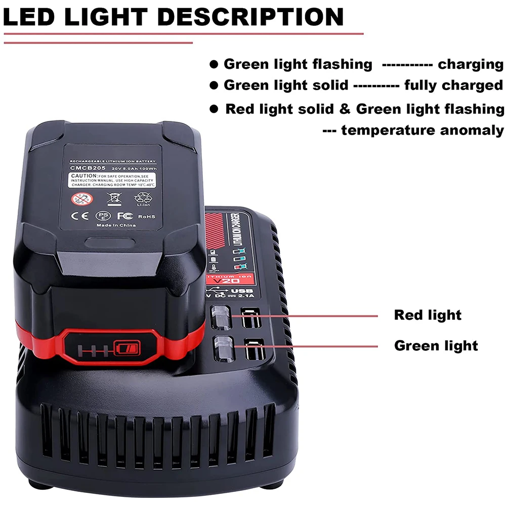 para Craftsman 20v 2a Li-ion Carregador de Bateria Cmcb102 Recarregável Ferramenta Elétrica 100v 240v Carregador de Bateria de Lítio com Usb Duplo - Image 6