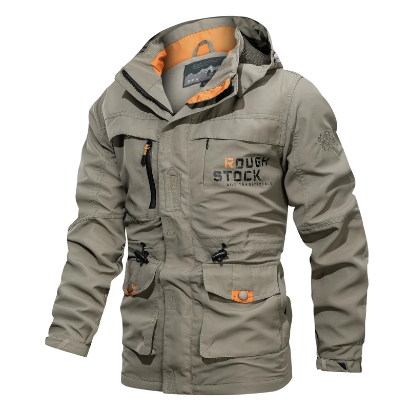 Chaqueta táctica con cremallera para hombre, cortavientos con múltiples bolsillos y capucha para exteriores, abrigo impermeable a la moda, ropa informal de primavera para acampar y viajar