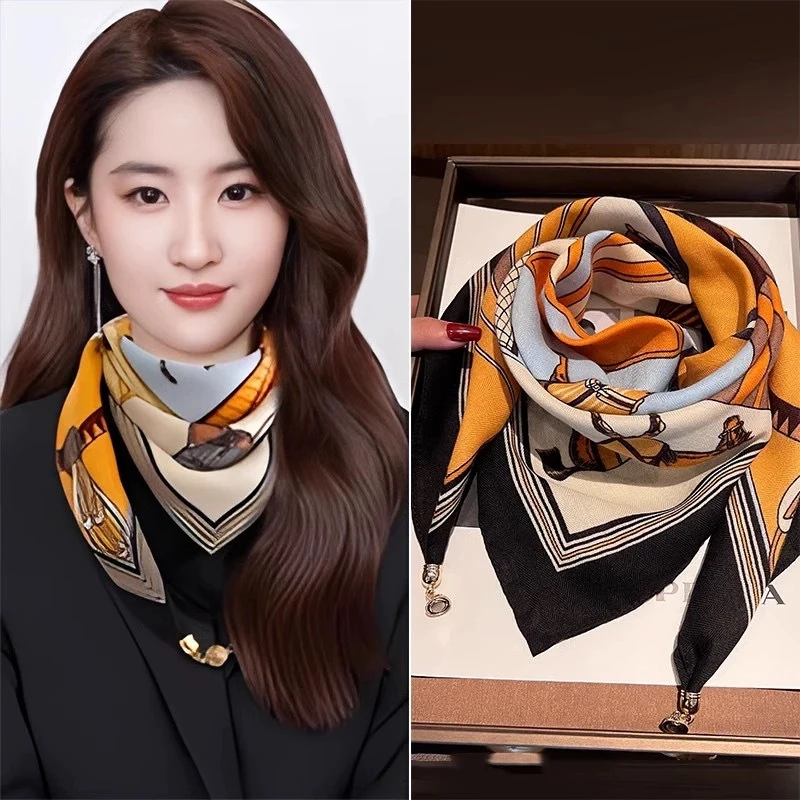New Warm Square Scarf Magnetic Button Triangle Scarf Cotton Women's Spring, Autumn, And Winter Western Style Neck Style Ve