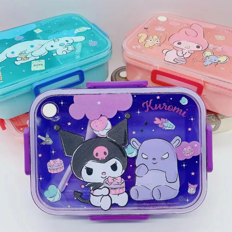 Sanrio Hello Kitty Kawaii Cinnamoroll 별도의 도시락 상자 플라스틱 Kuromi 멜로디 도시락 상자 과일 샐러드 상자 어린이 식기