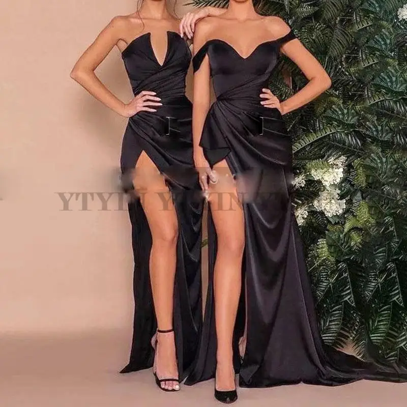 

Black Pleat Mermaid Bridesmaid Dresses Sexy High Slit Off Shoulder Girls Long Trumpet Maid Of Honor Dress Wedding Party