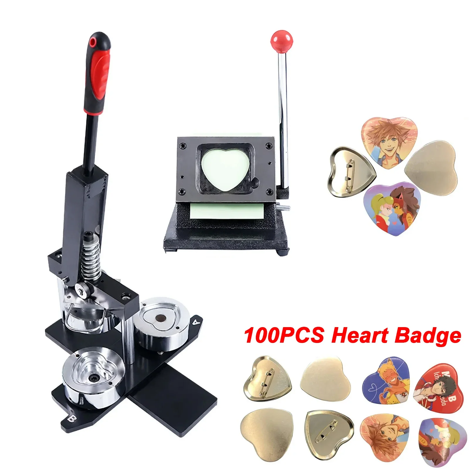 Heart-Shaped Button Maker Machine Interchangeable Molds Badge Button Press Machine with 100 Sets Maker Supplies & Circle Cutter
