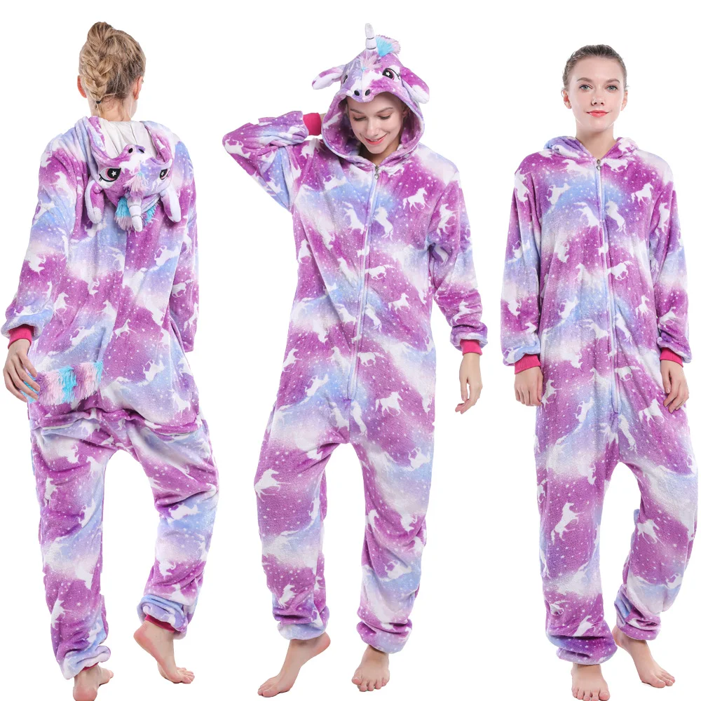 Adult Animal Kigurumi Cat Unicorn Sleepwear Winter Boys Girls Women Flannel Pajamas Sets Children's Onesies Mother Kids Jumpsuit