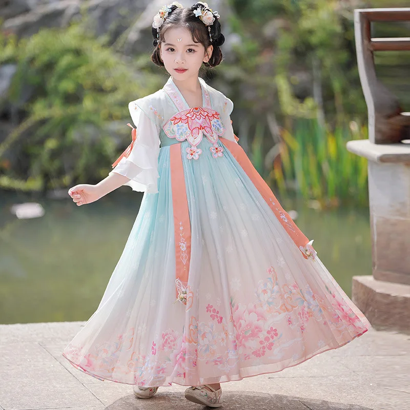 

Детский старинный костюм Hanfu летняя новая сказочная юбка в западном стиле для девочек в китайском стиле супер Сказочный пиджак и платье детское платье