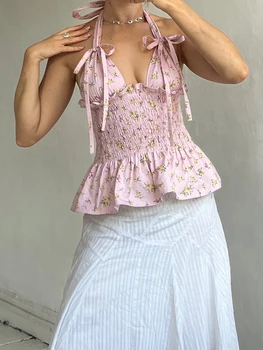 Floral Print Halter Neck Tank Top with Swiss Dot Detailing and Backless Design - Sleeveless Summer Vest for Streetwear 3