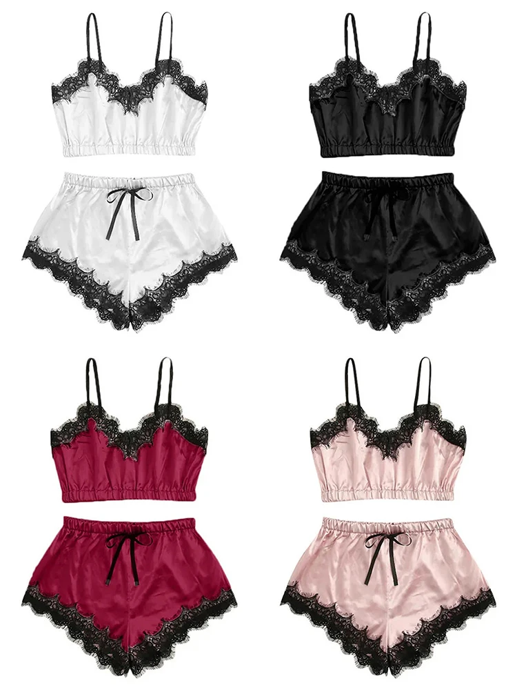 Sexy Pyjamas Nachtwäsche Spitze Trim Satin Top Sets Heiße Erotische Hause Tragen Frauen Pyjamas Frauen Nachtwäsche Ärmellose Strap Dessous 1