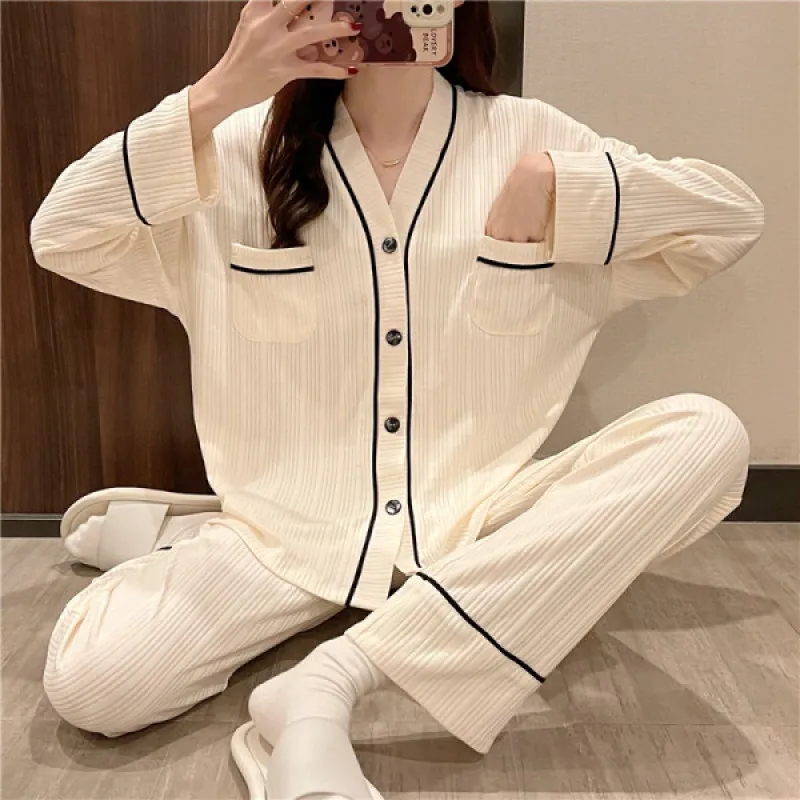 Women's 2 Pieces Pajamas Set 100% Cotton Pyjama Flower Pijama Women Homewear Soft Sleepwear Long Sleeve Lapel Shirt Pants Suit