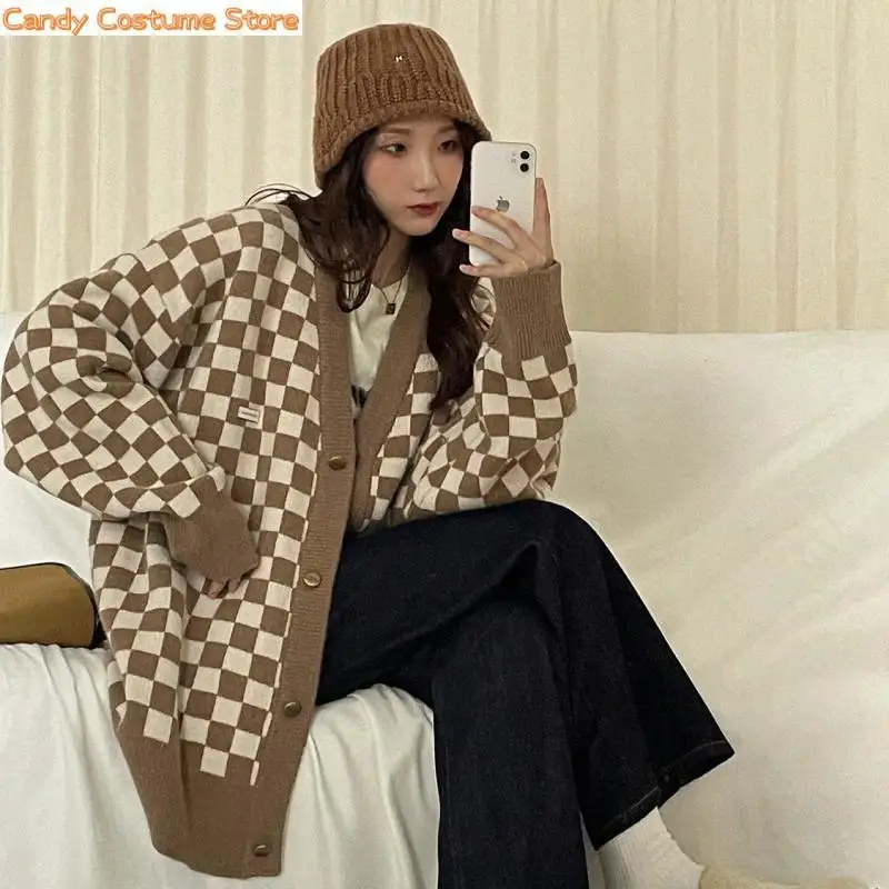 

Women Long Sleeve Knitted Sweater Checkerboard Cardigans Women Korean Pink Sweaters Cardigan Female Jacket with Buttons