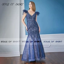 

Luxury Lace Blue Mother Of Bride Dresses Mermaid V Neck Sequin Mom Wedding Guests Evening Formal Gown Robe De Soirée Femme