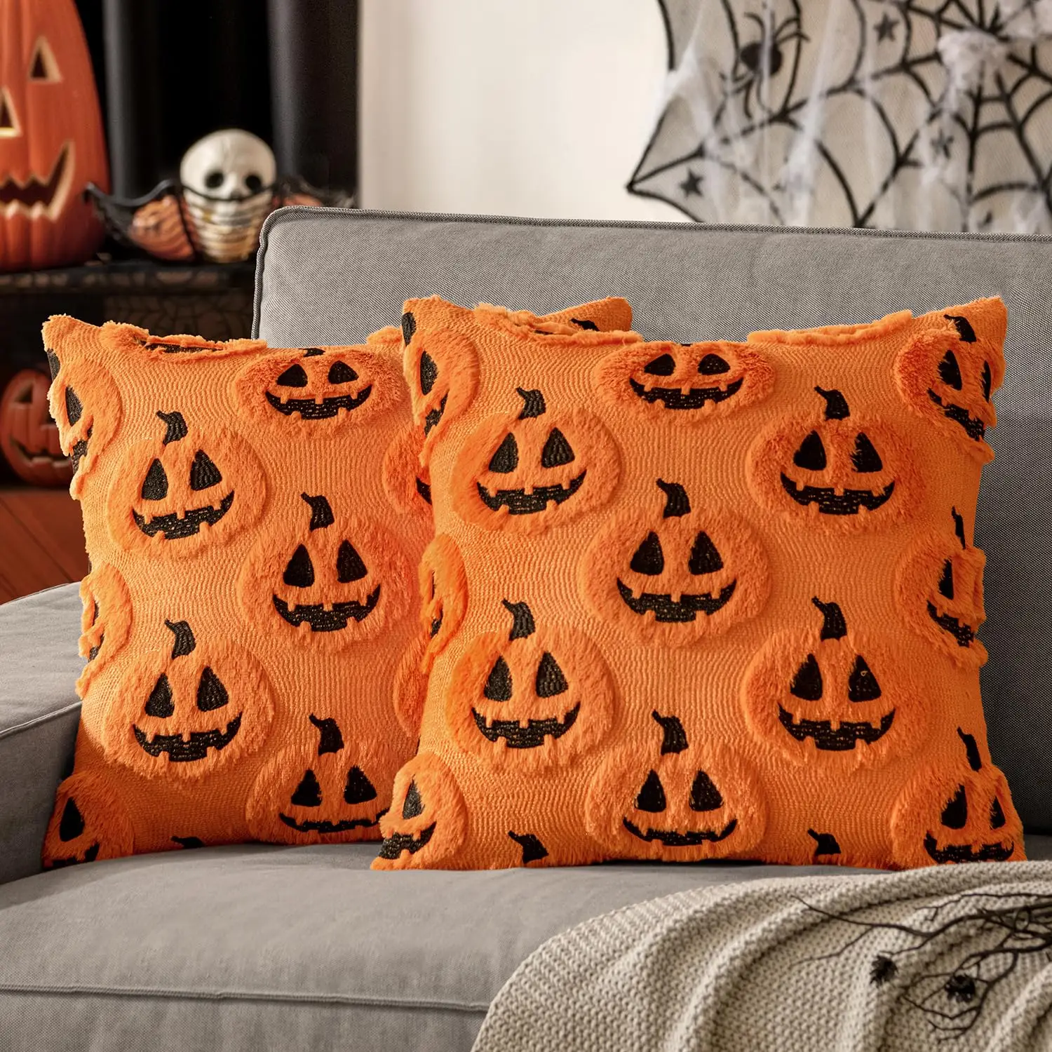 Fall Halloween Throw Pillow Covers Decorative Pumpkin Pattern Pillowcase Soft Plush Faux Wool Cushions for Home Sofa Couch