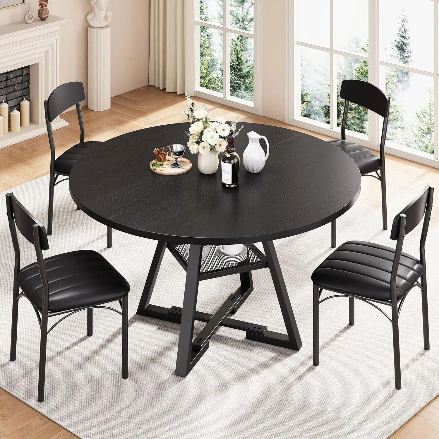 new-4, Kitchen Table and Chairs for 4, Circle Table Round Pedestal Dining Room Dinner Dinette Table Set,5 Piece Space Saving Woo