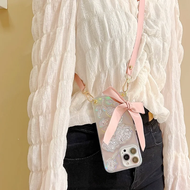 

for IPhone 11 12 13 Phone Case with Silicone Strap Shockproof Case for IPhone 13 12 11 Pro Max with Bow Crossbody Lanyard Case