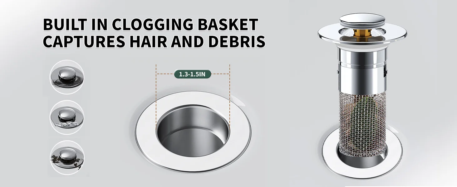 Description Picture 3 of itemBathroom Sink Stopper Hair Catcher Sink Drain Strainer Pop Up Sink Filter with Removable Stainless Steel Basket Hair Catcher