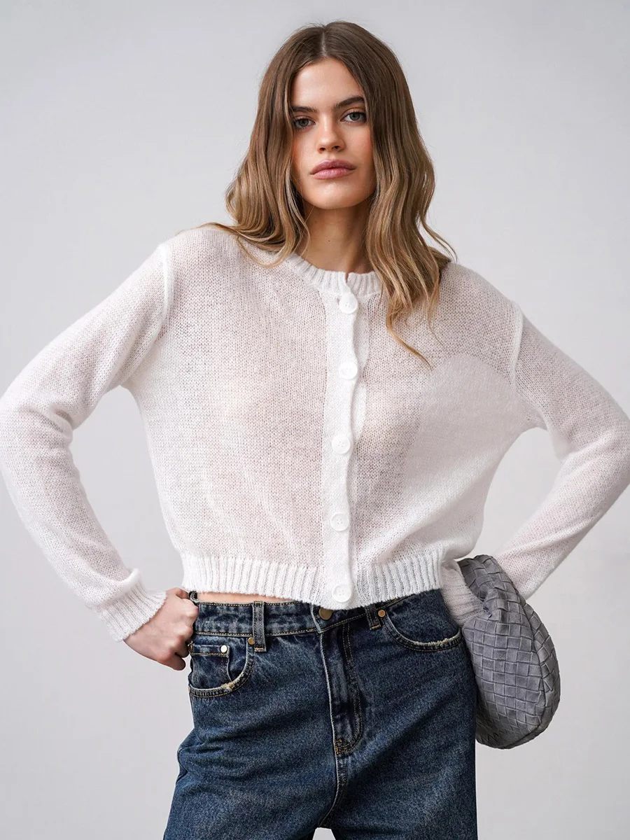 Bornladies Women's Solid Color Knit Cardigan Minimalist Design Button Front Short Style Casual Autumn Winter Sweaters