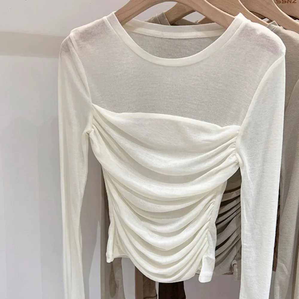 Long Sleeve Slim Long Sleeve T-shirt Transparent Mesh Wrinkle Shape Women Thin Tops Versatile Hot Girl Korean Style Crop Top