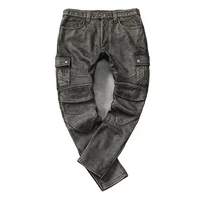 Vintage Gray Genuine Cowhide Leather Pants Men Motorcycle Biker Trousers Autumn Winter Calca Masculina 1
