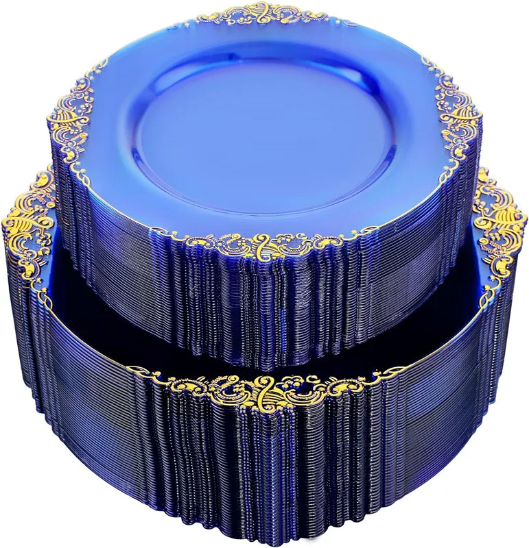 50pc Blue Plastic Plates Party Dinner Plates and Salad Dessert Combo Heavy Duty Plastic for Parties Wedding