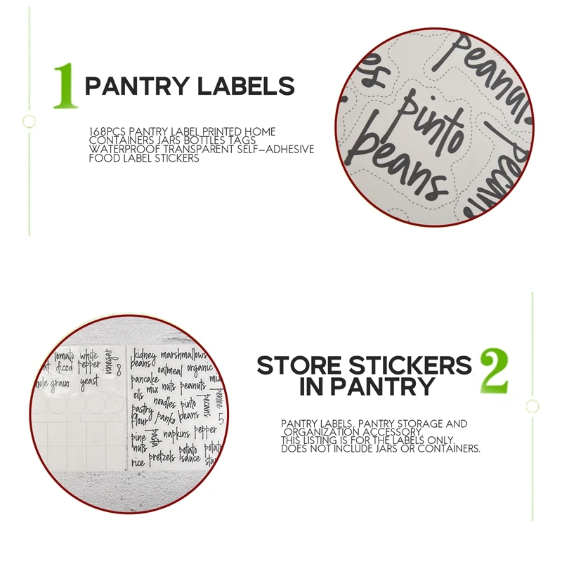 AB33-168PCS Pantry Label Printed Home Containers Jars Bottles Tags Waterproof Transparent Self-Adhesive Food Label Stickers