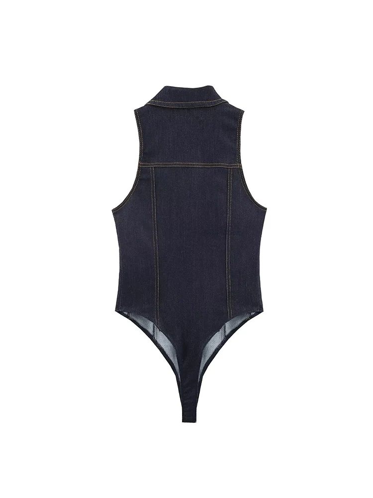 Women New Retro Denim Bodysuit Fashion Solid  Sleeveless Skinny Bodysuits With Pockets Sexy Slim Fitting Jumpsuit Summer Lady