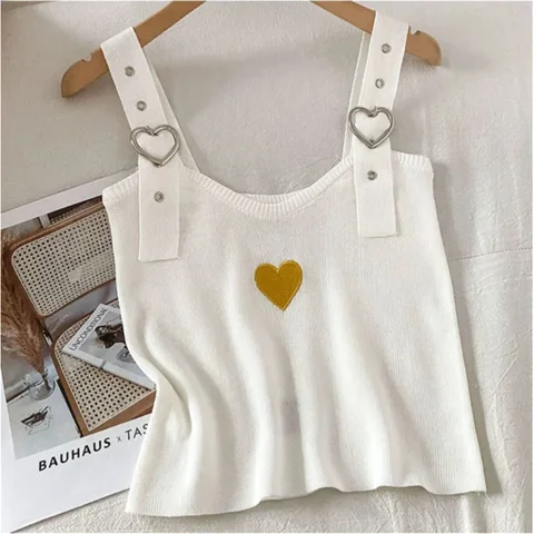 Style Women Summer Knitted Crop Top Casual Adjustable Shoulder Strap Heart Print Camisole Sleeveless Tank Female Clothes