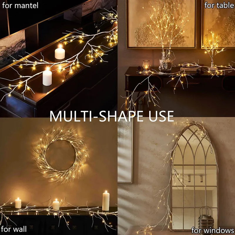 2023 Birch Garland Lights 48 LED Battery Operated - Lighted Twig Vine for Fireplace 8 Modes Decoration Indoor Outdoor Use