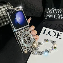Leopard Print Rhinestone Leather Phone Case with Hand Chain Strap and Magnetic Closure - Bling Glitter Design - Galaxy Z Flip5 (White)