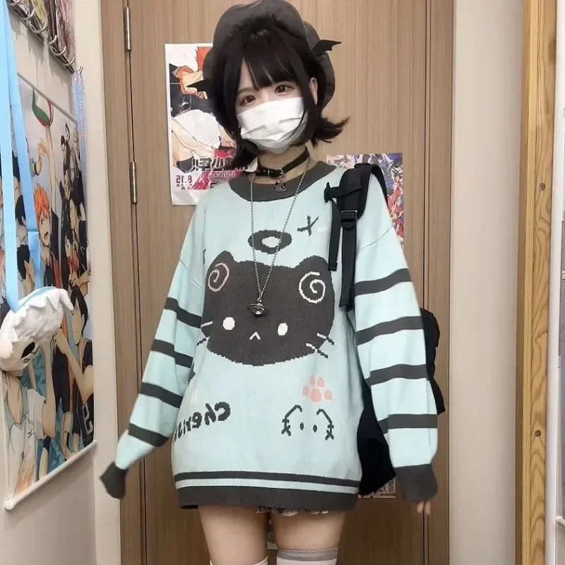 Y2k Striped Kawaii Women Sweaters Cartoon Embroidery Harajuku Japanese Fashion Knit Pullovers Loose Cute Winter 5