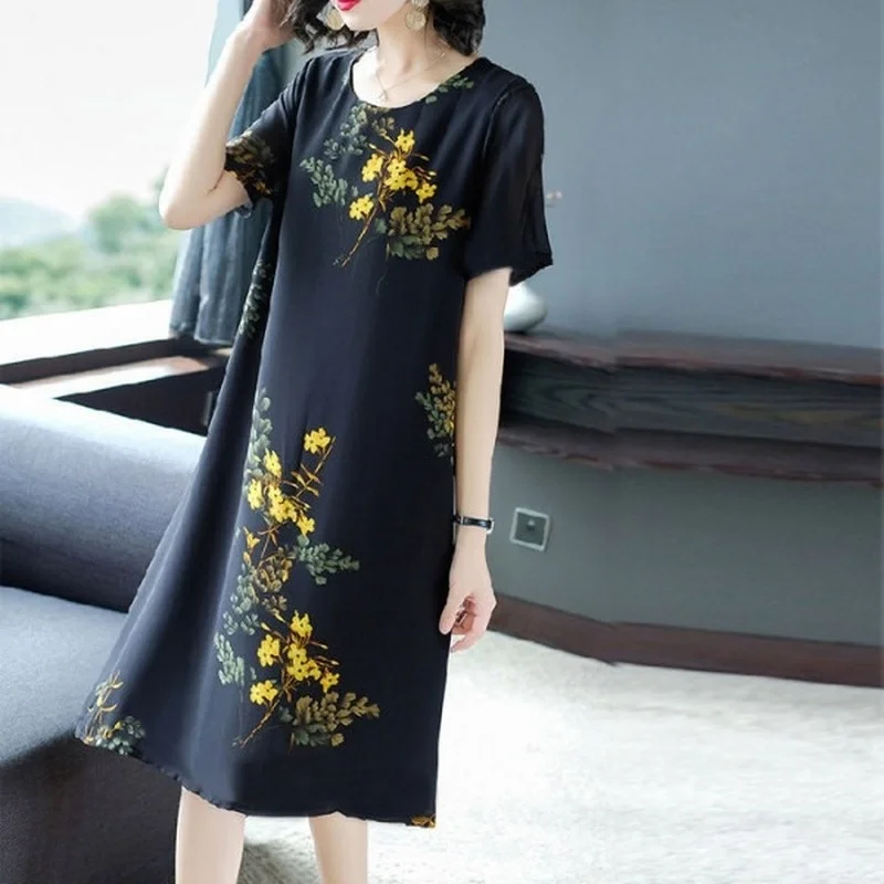 

Large size women's summer printing O-neck dress loose casual hooded dress short-sleeved beach
