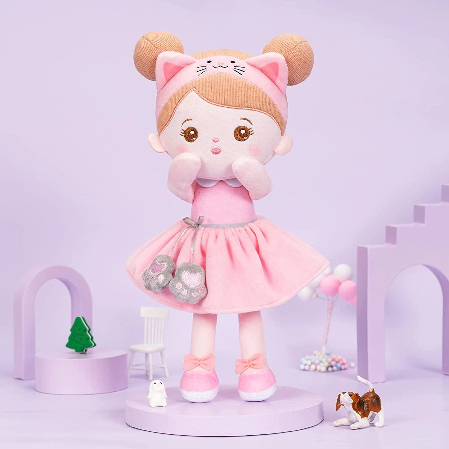 OUOZZZ 38cm Kawaii Cat Girl Doll Plush Stuffed Dolls Rag Doll Pink Skirt Cat Paw Pendant Kitten Plush Doll Cartoon Toys Gifts