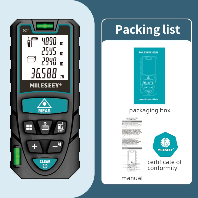 MILESEEY Лазерна рулетка S2 40M 60M 80M 100M 120M Лазерний далекомір, Trenas a Laser з функцією багатовимірювання